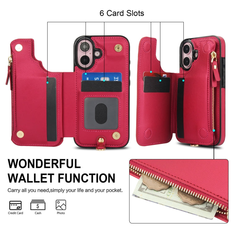 For iPhone 16 Plus Double Flap Zipper RFID Leather Phone Case with Short Lanyard