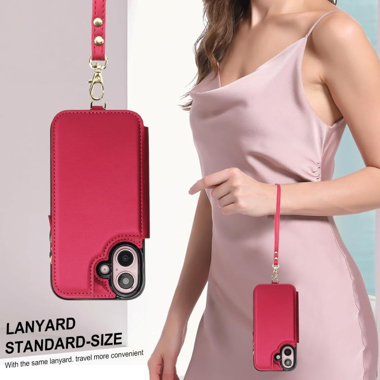 For iPhone 16 Plus Double Flap Zipper RFID Leather Phone Case with Short Lanyard