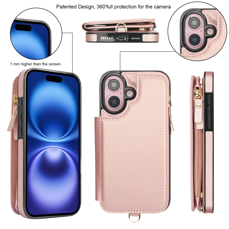 For iPhone 16 Plus Double Flap Zipper RFID Leather Phone Case with Short Lanyard