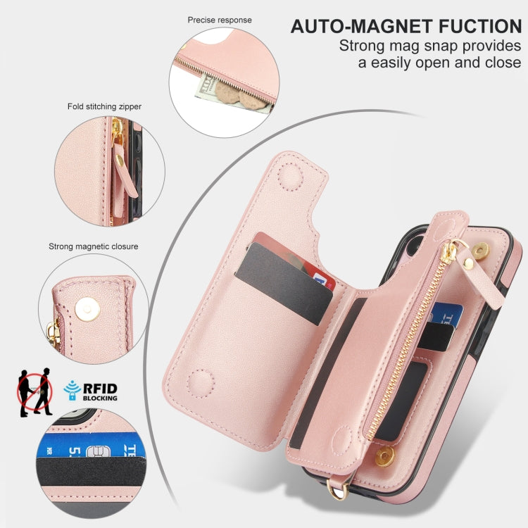 For iPhone 16 Plus Double Flap Zipper RFID Leather Phone Case with Short Lanyard