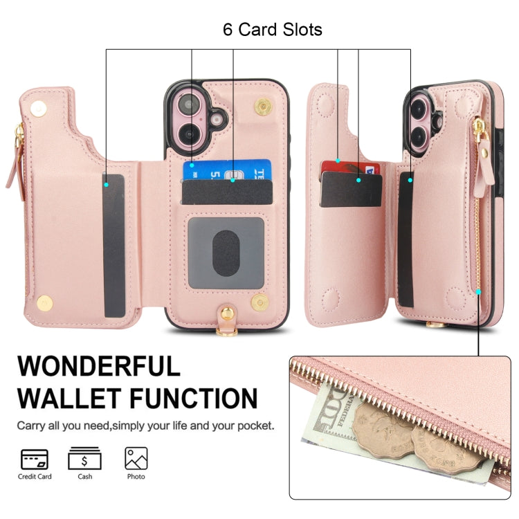 For iPhone 16 Plus Double Flap Zipper RFID Leather Phone Case with Short Lanyard