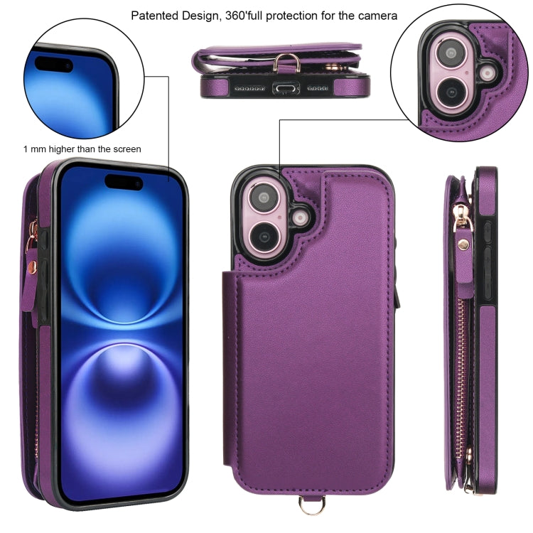 For iPhone 16 Plus Double Flap Zipper RFID Leather Phone Case with Short Lanyard