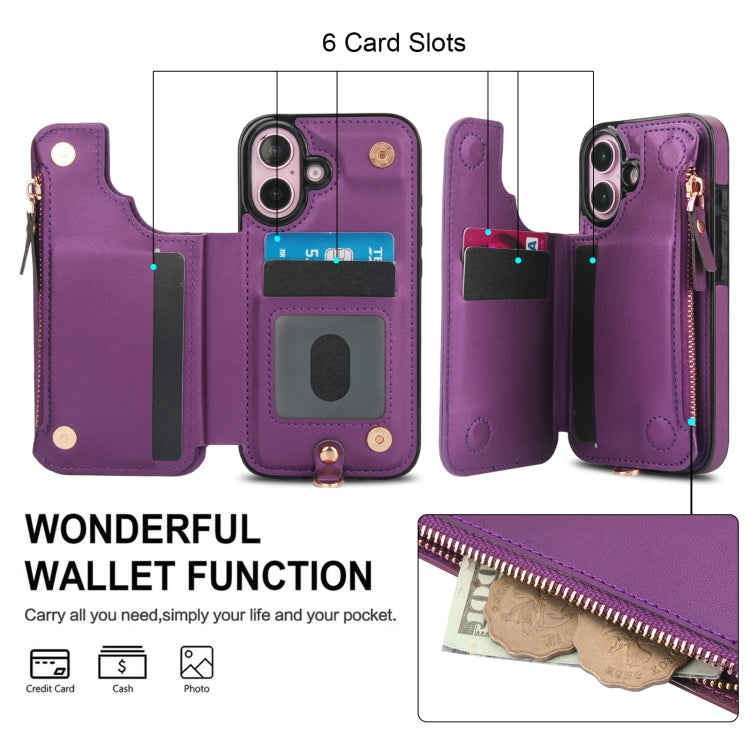 For iPhone 16 Plus Double Flap Zipper RFID Leather Phone Case with Short Lanyard