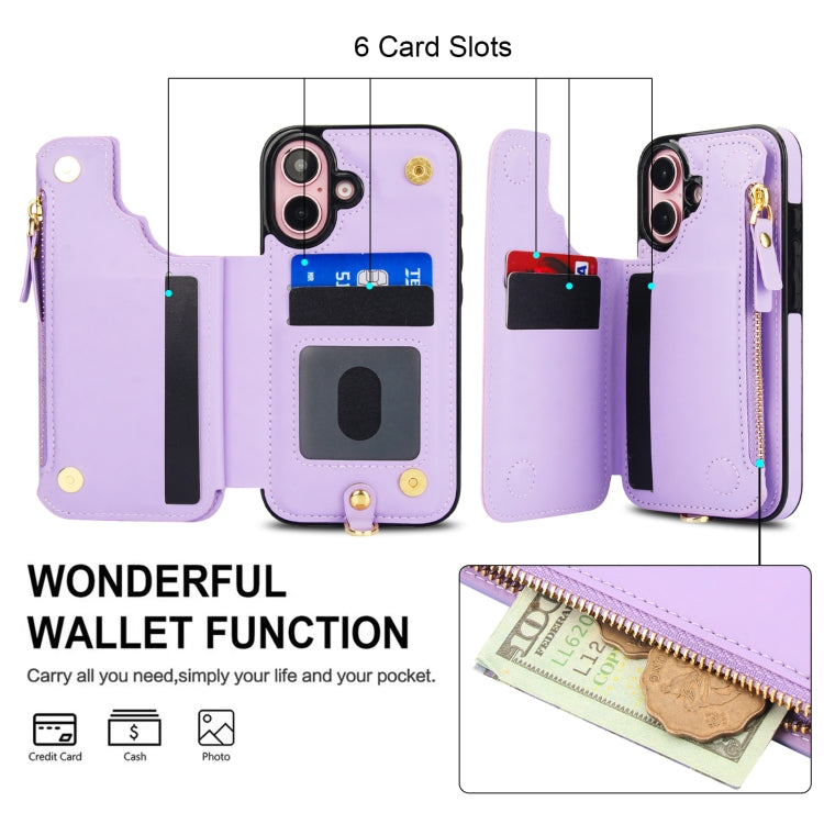 For iPhone 16 Plus Double Flap Zipper RFID Leather Phone Case with Short Lanyard