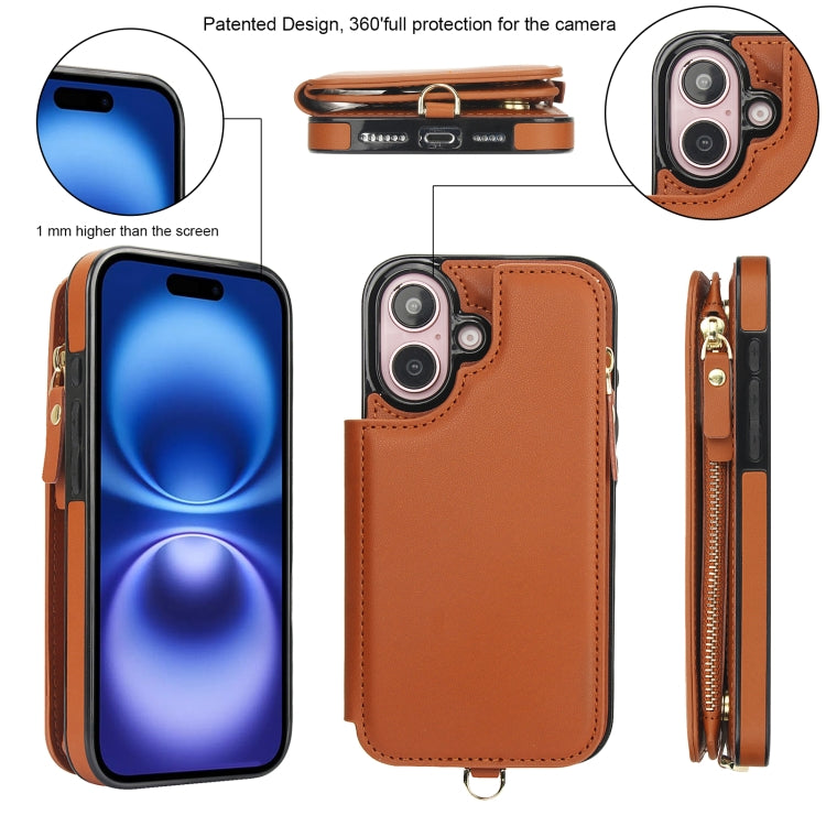 For iPhone 16 Plus Double Flap Zipper RFID Leather Phone Case with Short Lanyard