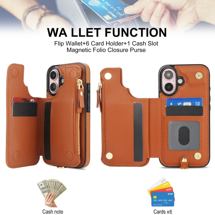 For iPhone 16 Plus Double Flap Zipper RFID Leather Phone Case with Short Lanyard