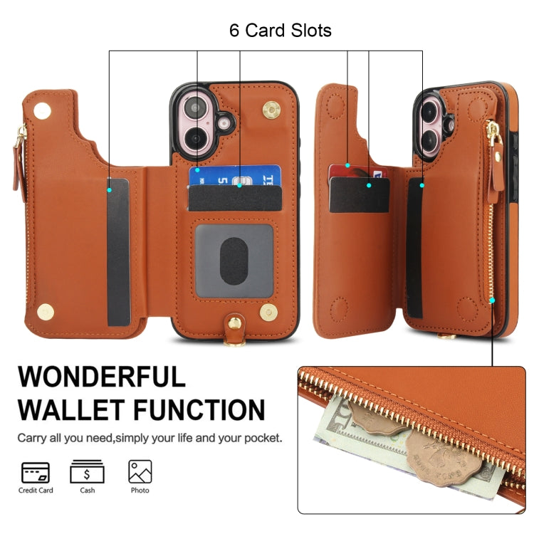 For iPhone 16 Plus Double Flap Zipper RFID Leather Phone Case with Short Lanyard