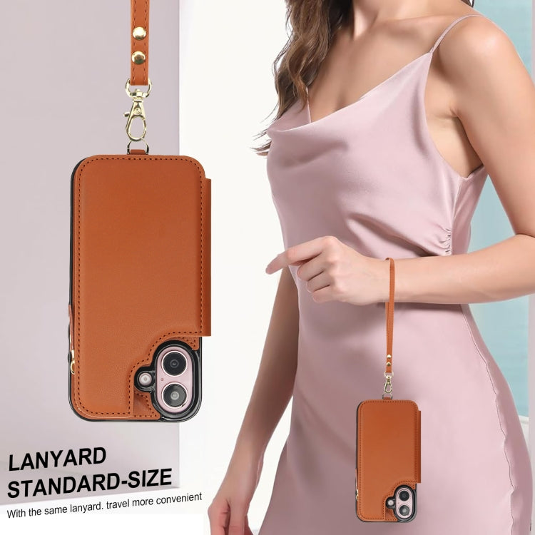 For iPhone 16 Plus Double Flap Zipper RFID Leather Phone Case with Short Lanyard