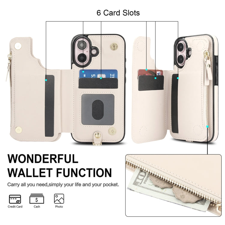 For iPhone 16 Double Flap Zipper RFID Leather Phone Case with Short Lanyard