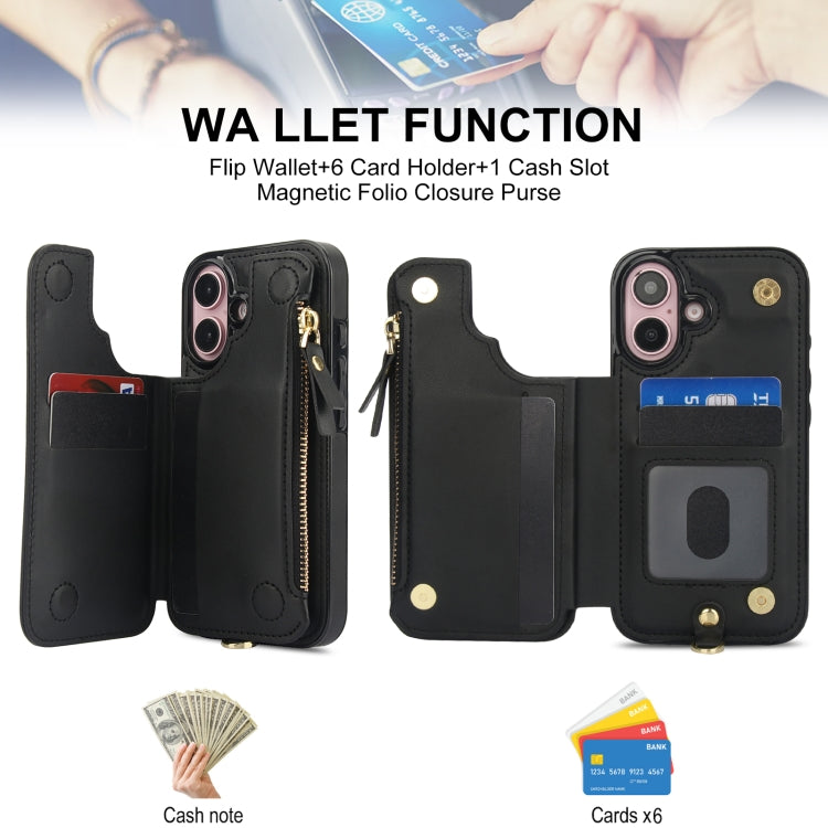 For iPhone 16 Double Flap Zipper RFID Leather Phone Case with Short Lanyard