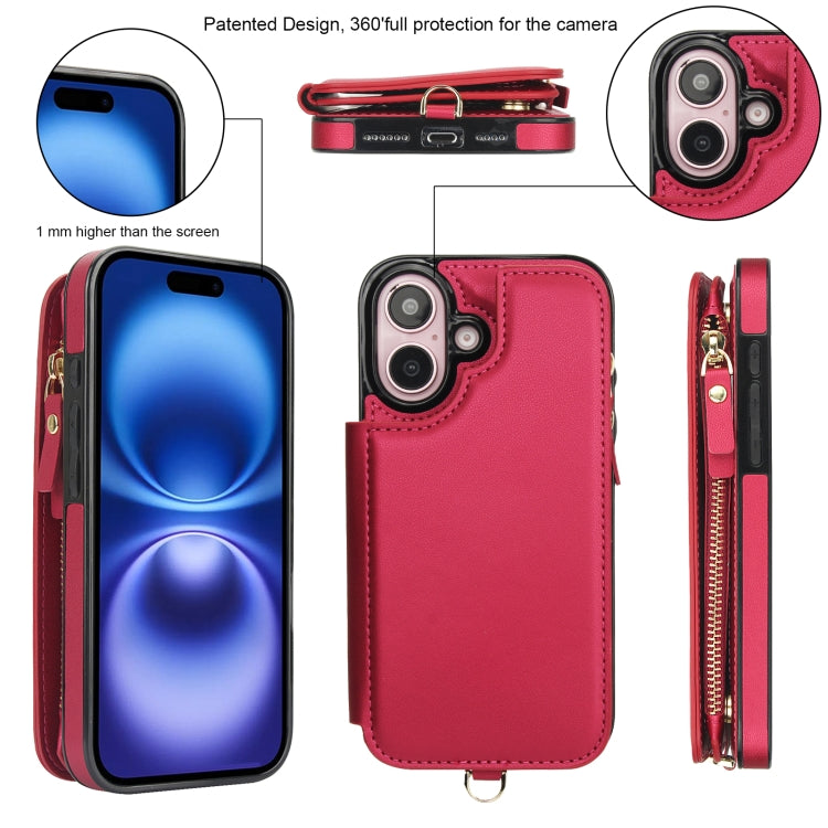 For iPhone 16 Double Flap Zipper RFID Leather Phone Case with Short Lanyard