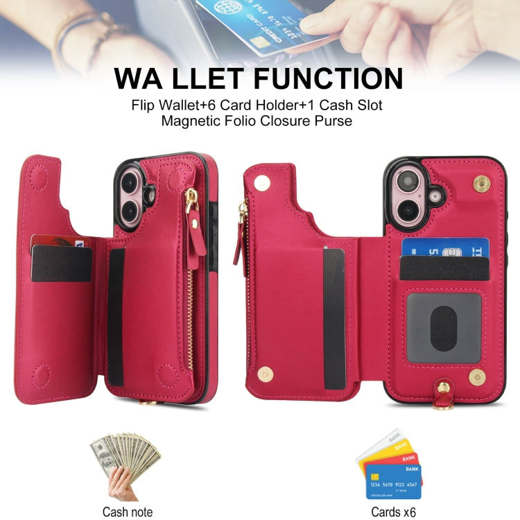 For iPhone 16 Double Flap Zipper RFID Leather Phone Case with Short Lanyard