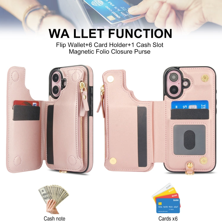 For iPhone 16 Double Flap Zipper RFID Leather Phone Case with Short Lanyard