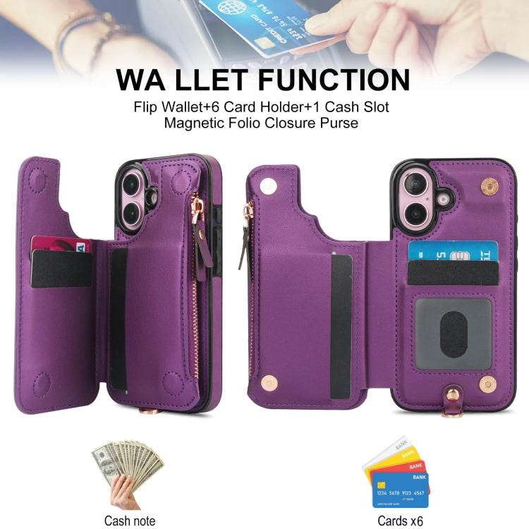 For iPhone 16 Double Flap Zipper RFID Leather Phone Case with Short Lanyard