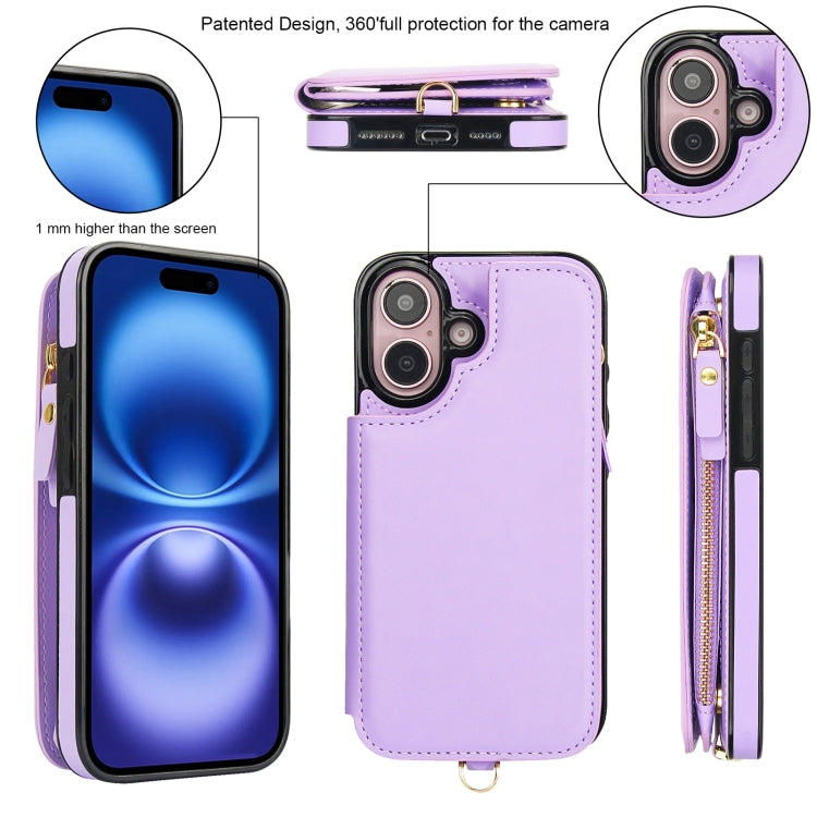 For iPhone 16 Double Flap Zipper RFID Leather Phone Case with Short Lanyard