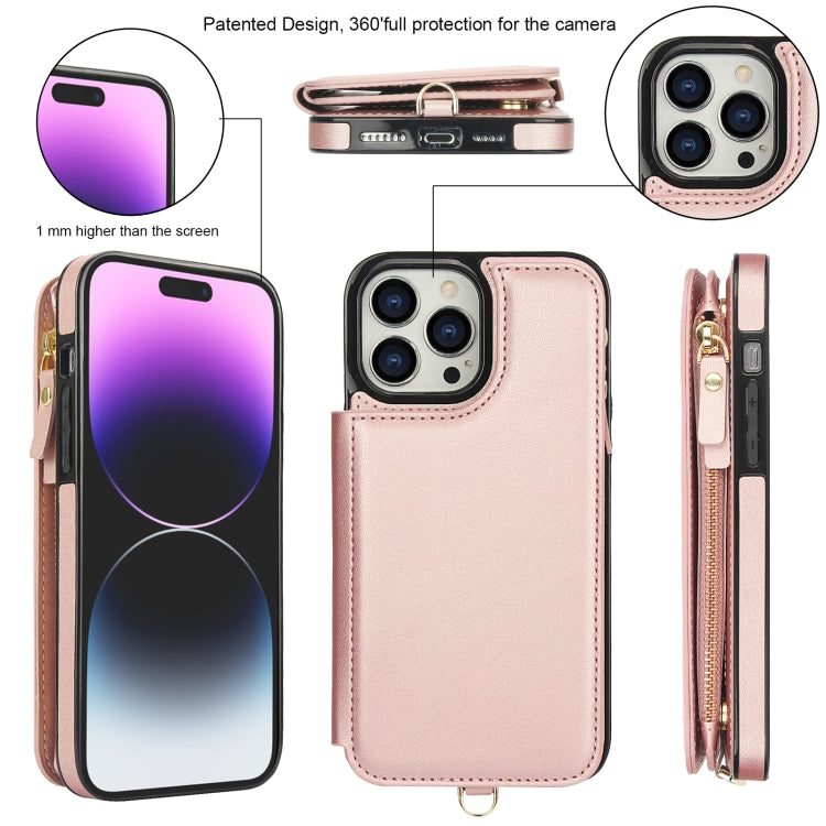 For iPhone 15 Pro Double Flap Zipper RFID Leather Phone Case with Short Lanyard