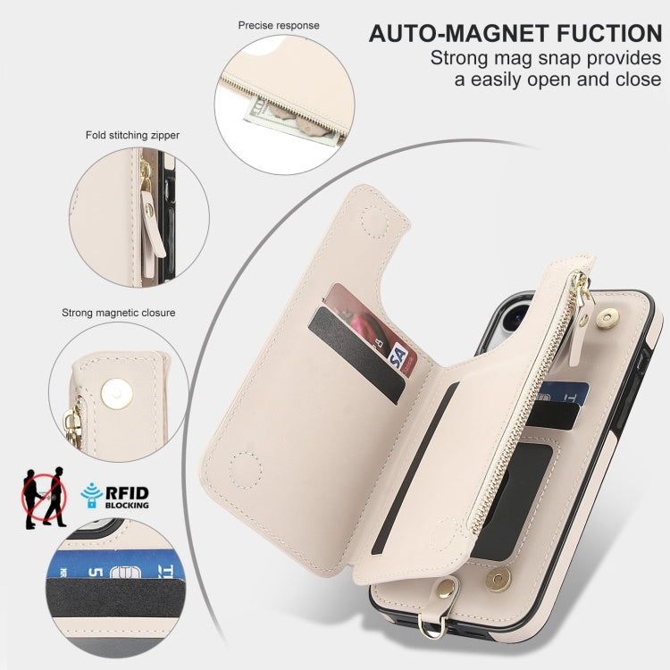 For iPhone 15 Plus Double Flap Zipper RFID Leather Phone Case with Short Lanyard