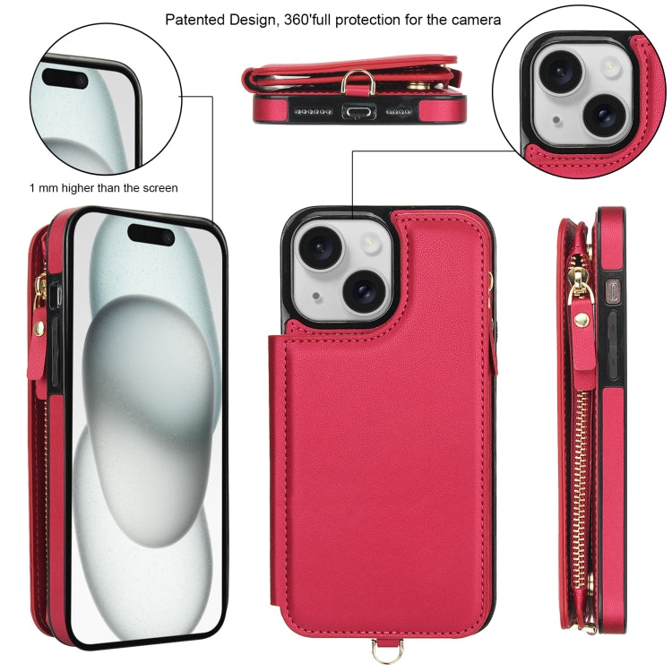 For iPhone 15 Plus Double Flap Zipper RFID Leather Phone Case with Short Lanyard