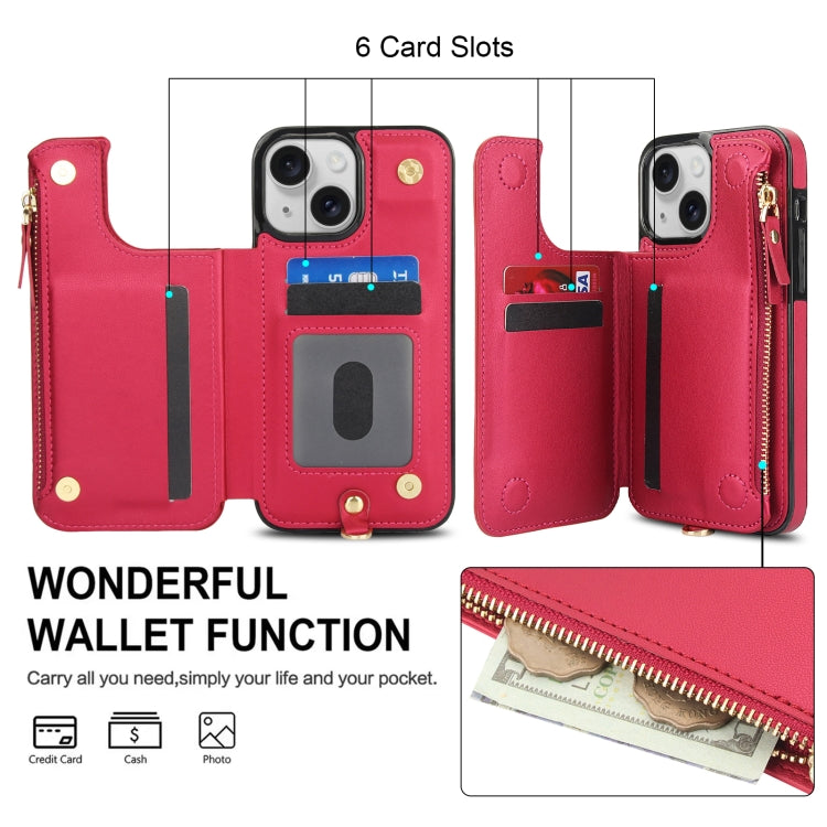 For iPhone 15 Plus Double Flap Zipper RFID Leather Phone Case with Short Lanyard