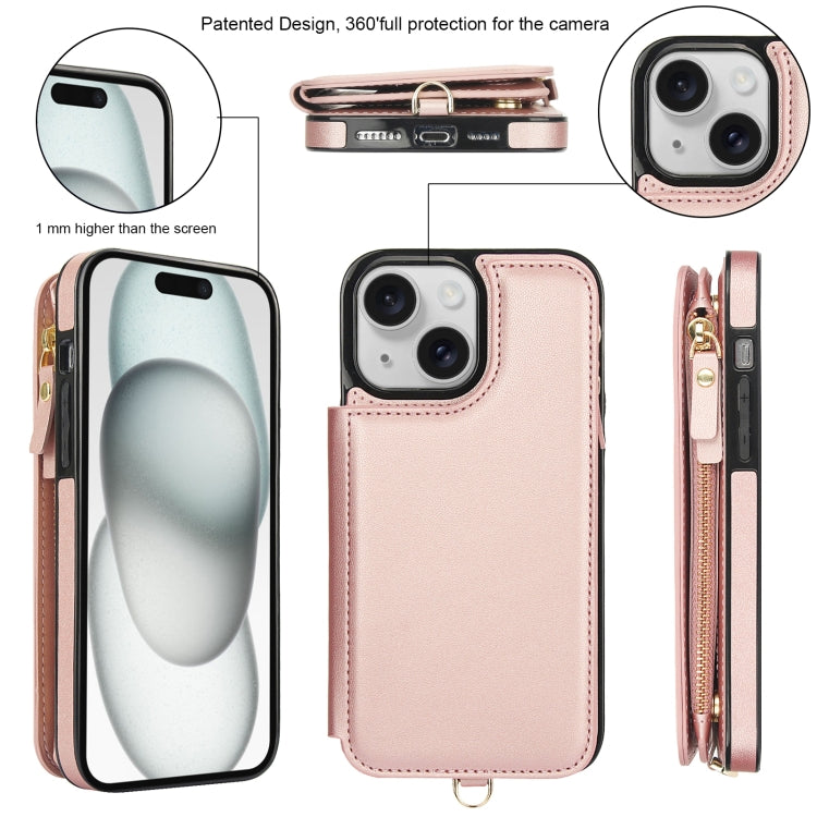 For iPhone 15 Plus Double Flap Zipper RFID Leather Phone Case with Short Lanyard