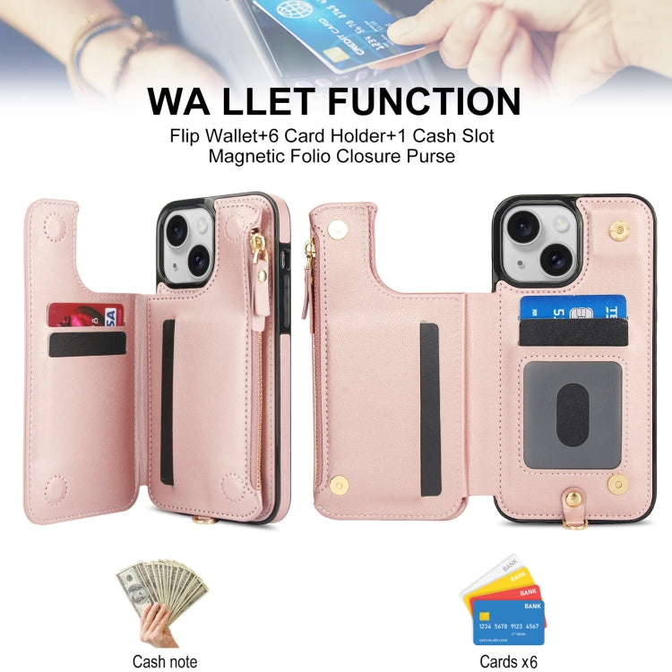 For iPhone 15 Plus Double Flap Zipper RFID Leather Phone Case with Short Lanyard