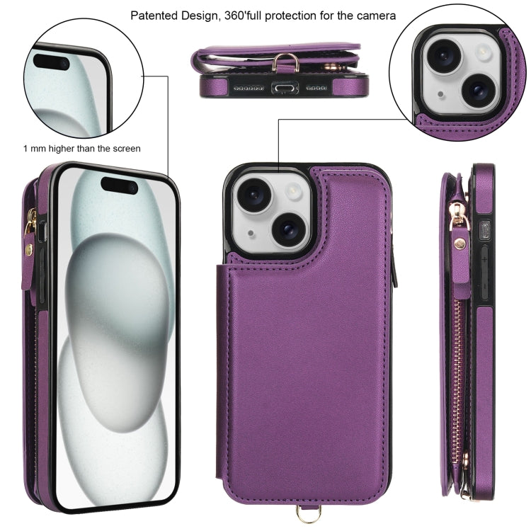 For iPhone 15 Plus Double Flap Zipper RFID Leather Phone Case with Short Lanyard