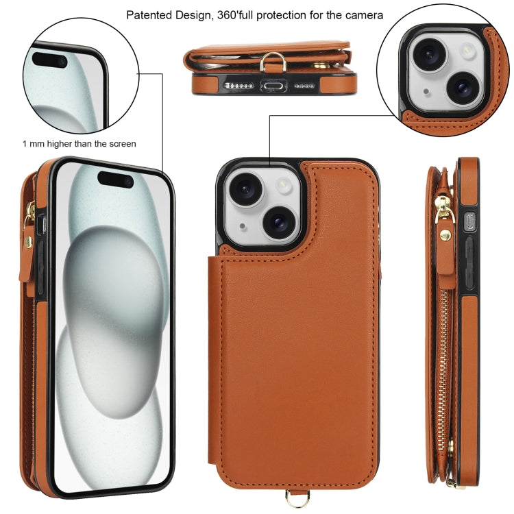 For iPhone 15 Plus Double Flap Zipper RFID Leather Phone Case with Short Lanyard