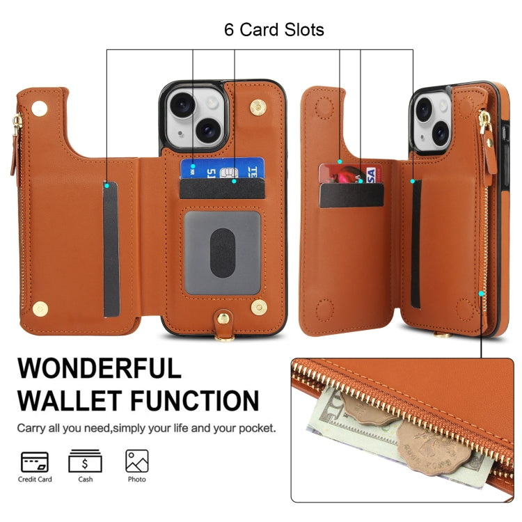For iPhone 15 Plus Double Flap Zipper RFID Leather Phone Case with Short Lanyard