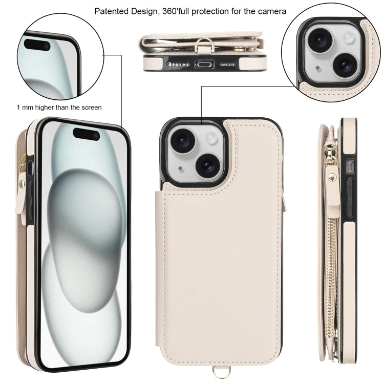 For iPhone 15 Double Flap Zipper RFID Leather Phone Case with Short Lanyard
