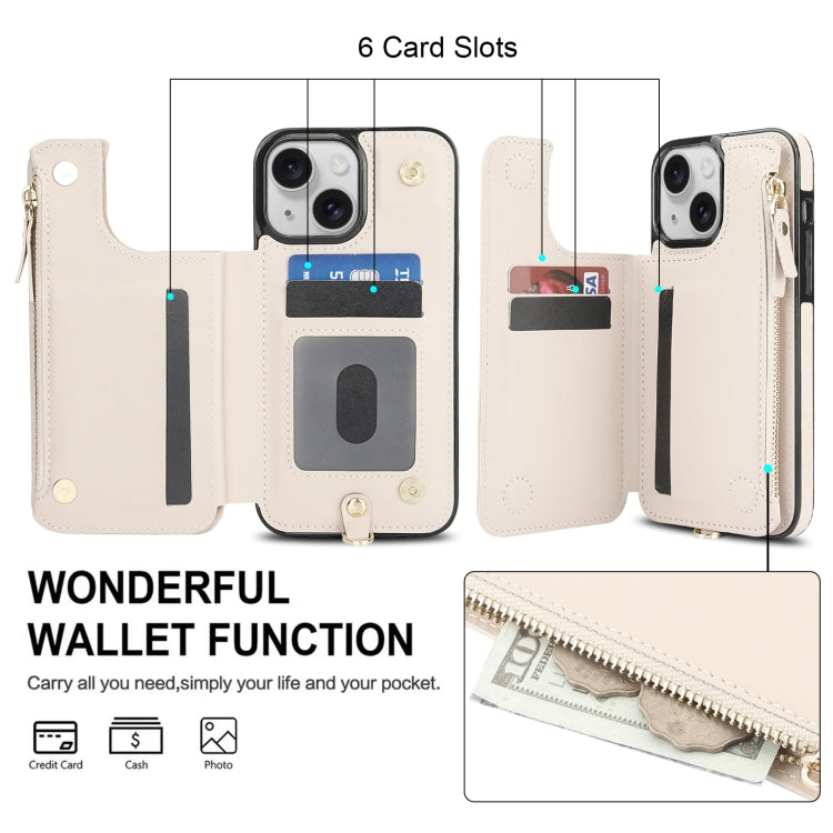 For iPhone 15 Double Flap Zipper RFID Leather Phone Case with Short Lanyard