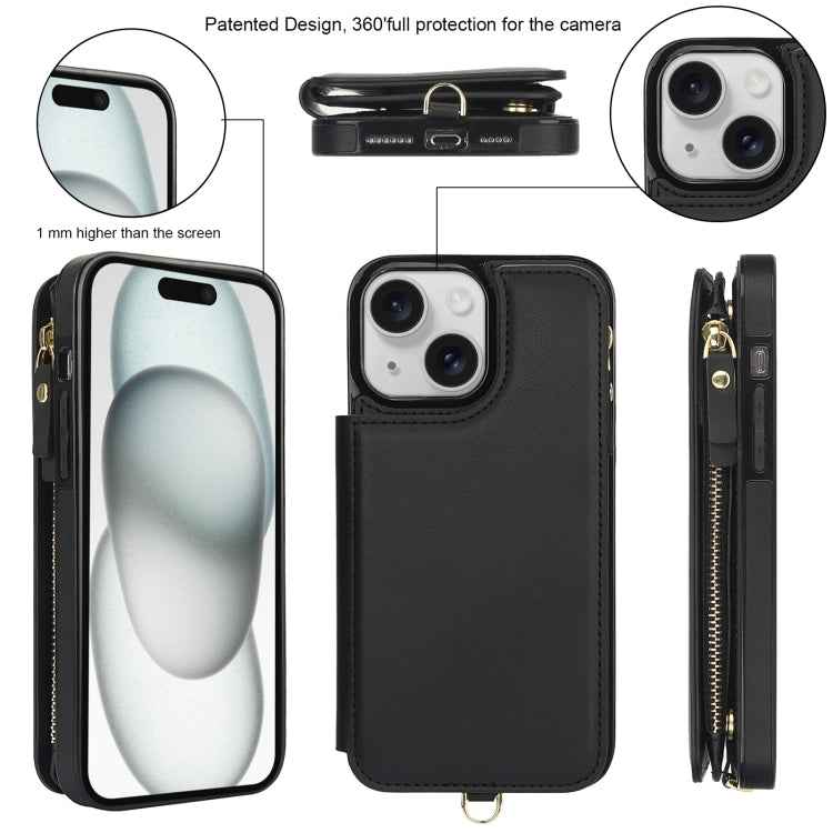For iPhone 15 Double Flap Zipper RFID Leather Phone Case with Short Lanyard
