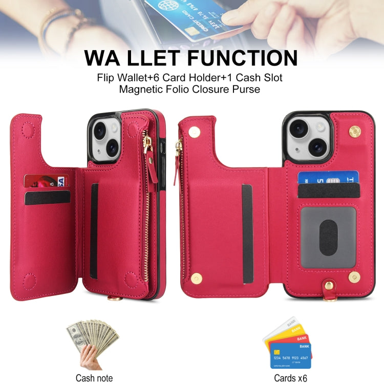 For iPhone 15 Double Flap Zipper RFID Leather Phone Case with Short Lanyard