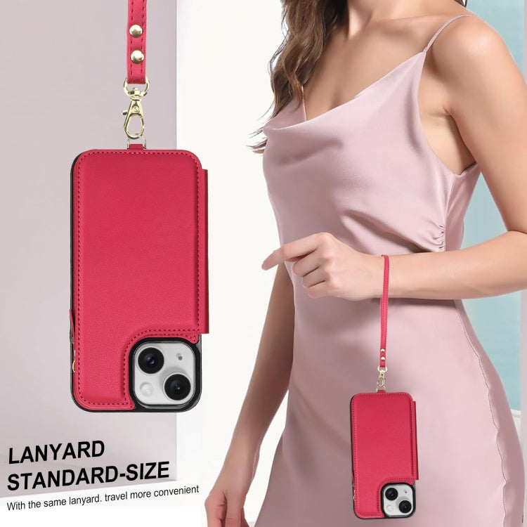 For iPhone 15 Double Flap Zipper RFID Leather Phone Case with Short Lanyard