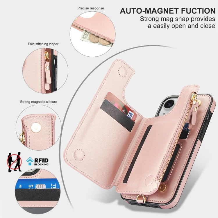 For iPhone 15 Double Flap Zipper RFID Leather Phone Case with Short Lanyard