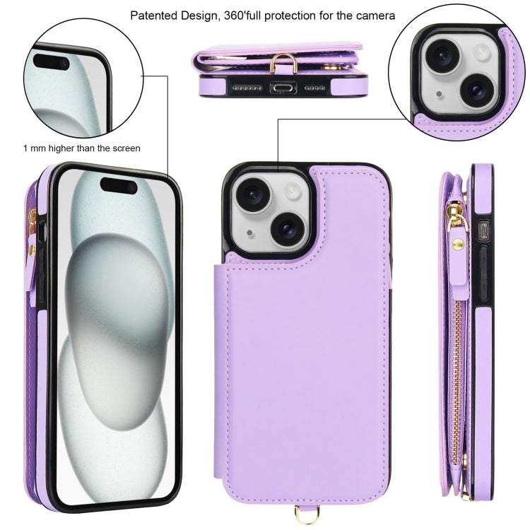 For iPhone 15 Double Flap Zipper RFID Leather Phone Case with Short Lanyard