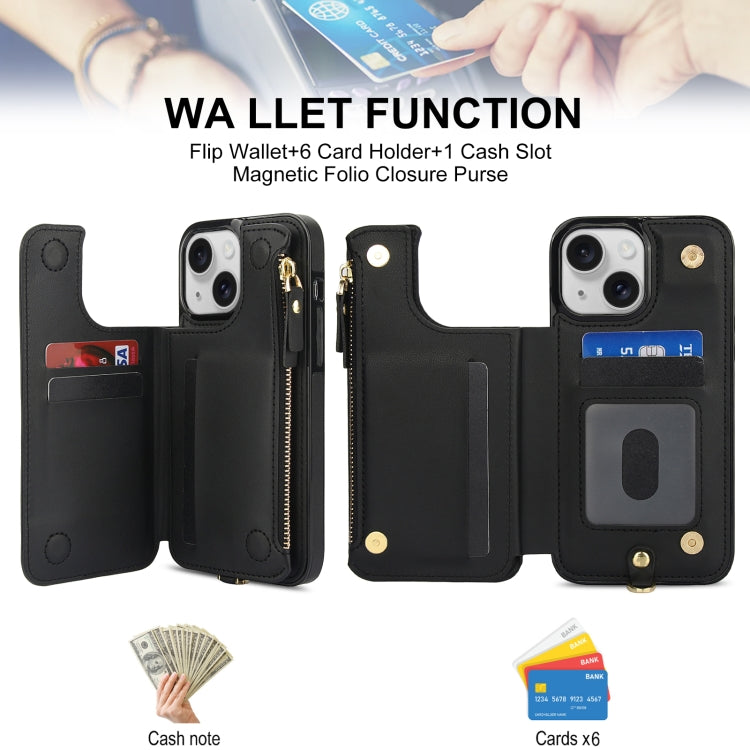 For iPhone 14 Plus Double Flap Zipper RFID Leather Phone Case with Short Lanyard