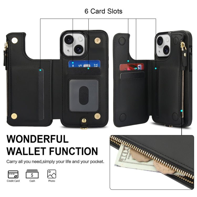 For iPhone 14 Plus Double Flap Zipper RFID Leather Phone Case with Short Lanyard