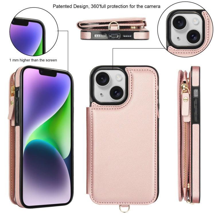 For iPhone 14 Plus Double Flap Zipper RFID Leather Phone Case with Short Lanyard