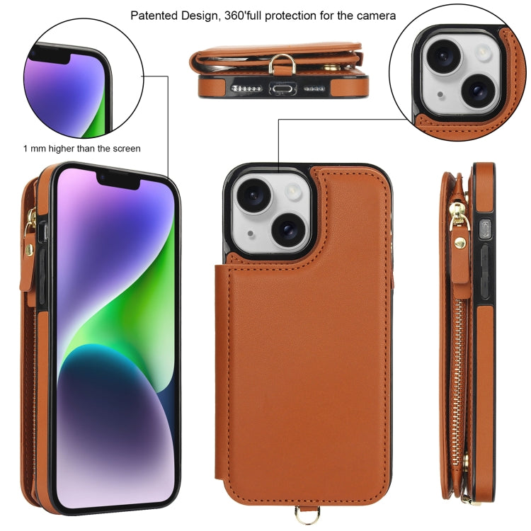 For iPhone 14 Double Flap Zipper RFID Leather Phone Case with Short Lanyard