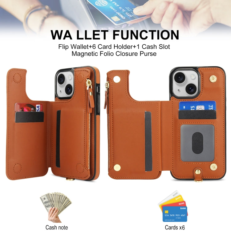 For iPhone 14 Double Flap Zipper RFID Leather Phone Case with Short Lanyard