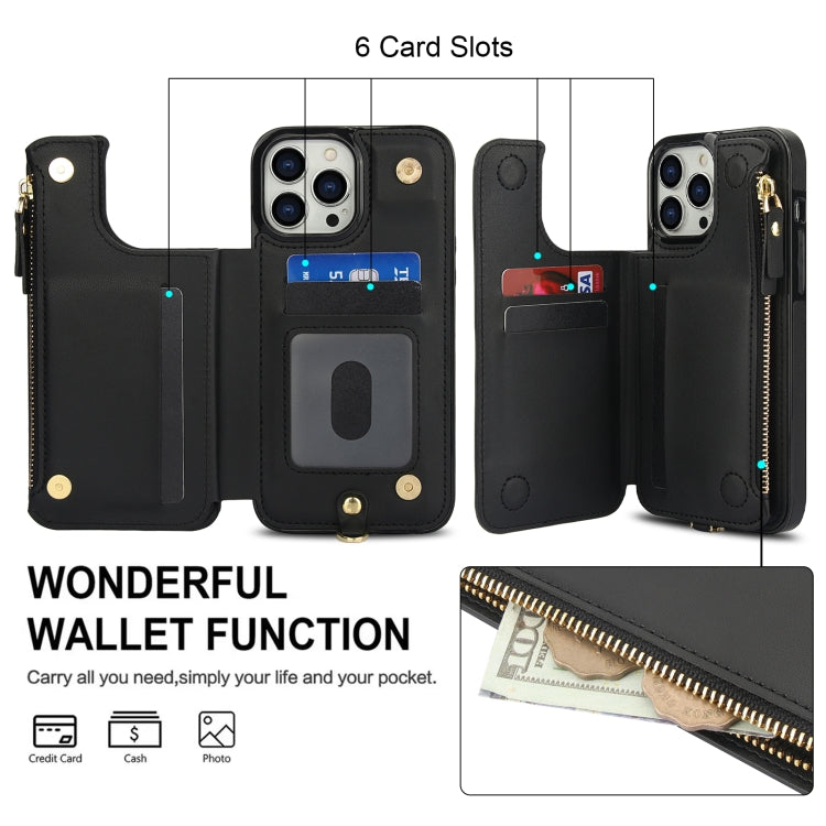 For iPhone 14 Pro Double Flap Zipper RFID Leather Phone Case with Short Lanyard