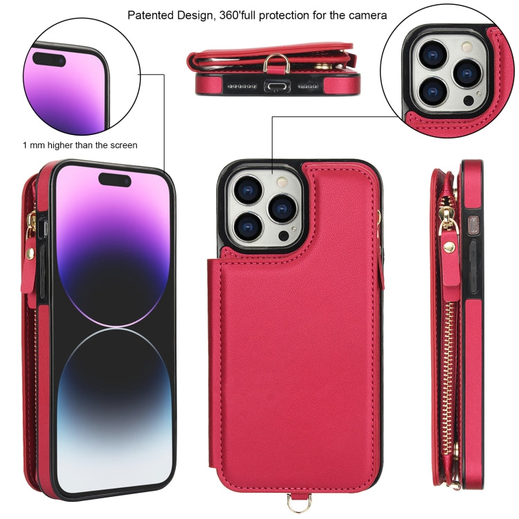 For iPhone 14 Pro Double Flap Zipper RFID Leather Phone Case with Short Lanyard