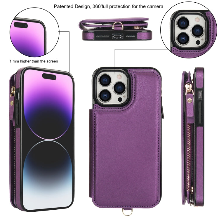 For iPhone 14 Pro Double Flap Zipper RFID Leather Phone Case with Short Lanyard