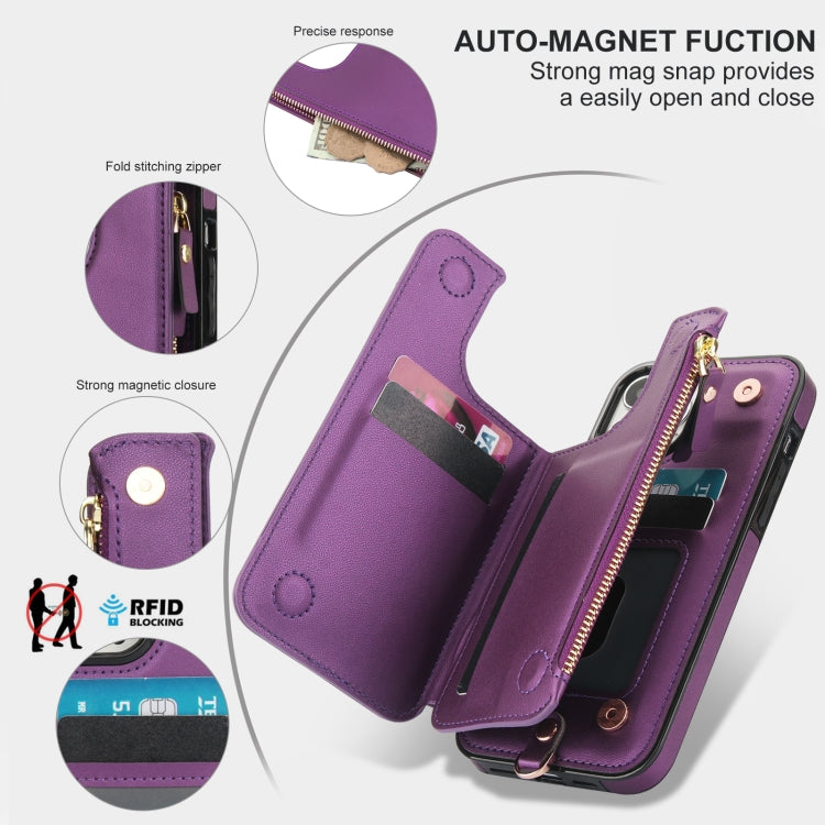 For iPhone 14 Pro Double Flap Zipper RFID Leather Phone Case with Short Lanyard