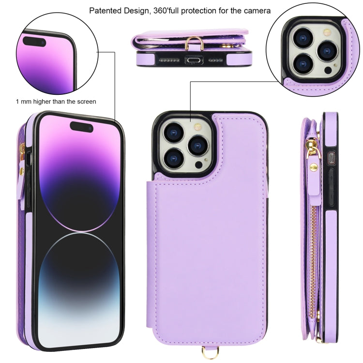 For iPhone 14 Pro Double Flap Zipper RFID Leather Phone Case with Short Lanyard