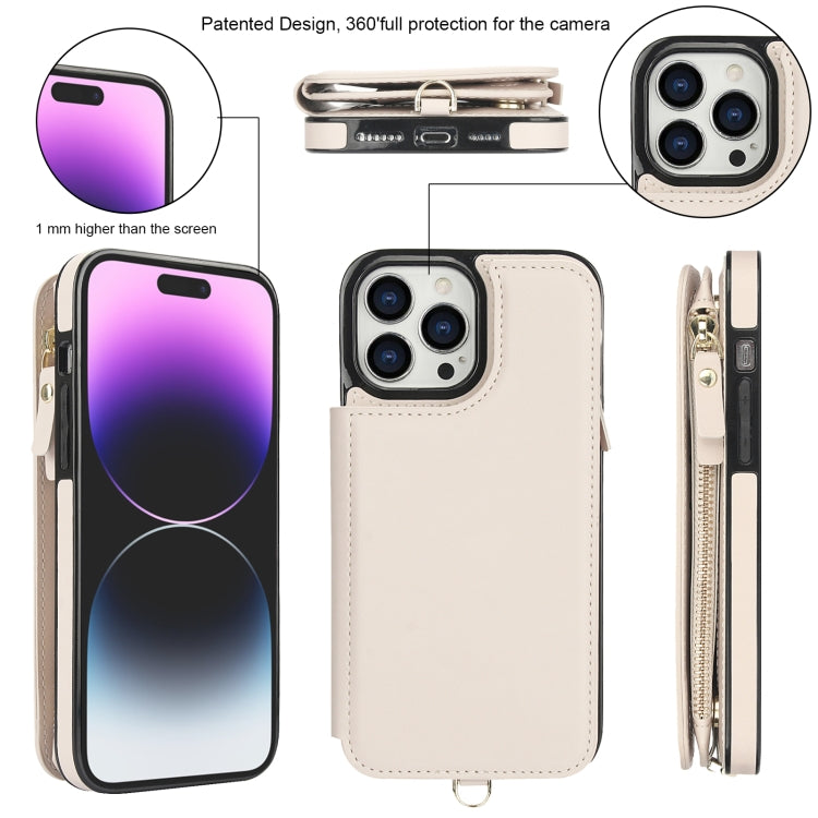 For iPhone 14 Pro Max Double Flap Zipper RFID Leather Phone Case with Short Lanyard