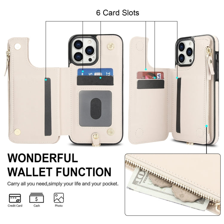 For iPhone 14 Pro Max Double Flap Zipper RFID Leather Phone Case with Short Lanyard
