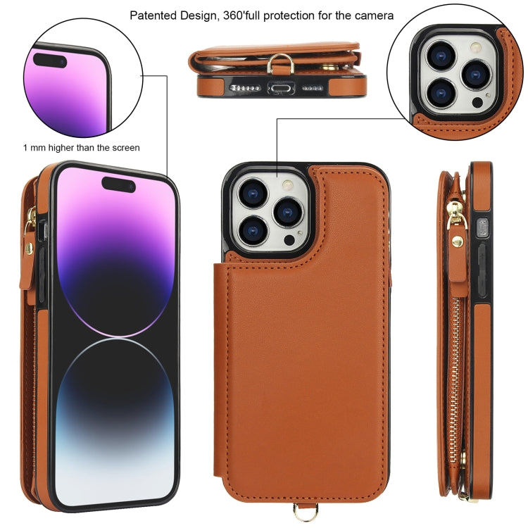For iPhone 14 Pro Max Double Flap Zipper RFID Leather Phone Case with Short Lanyard