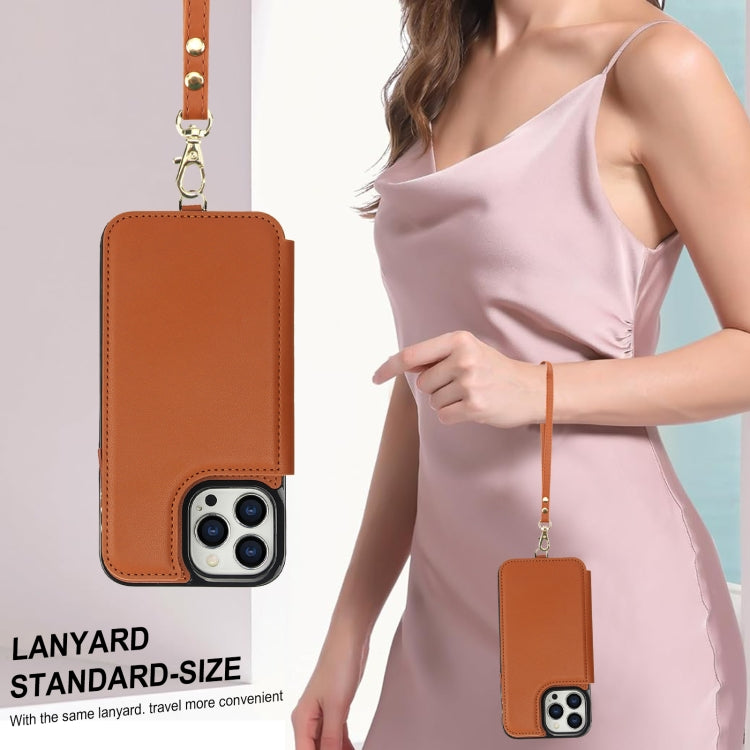 For iPhone 14 Pro Max Double Flap Zipper RFID Leather Phone Case with Short Lanyard