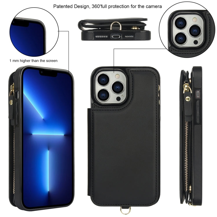 For iPhone 13 Pro Max Double Flap Zipper RFID Leather Phone Case with Short Lanyard